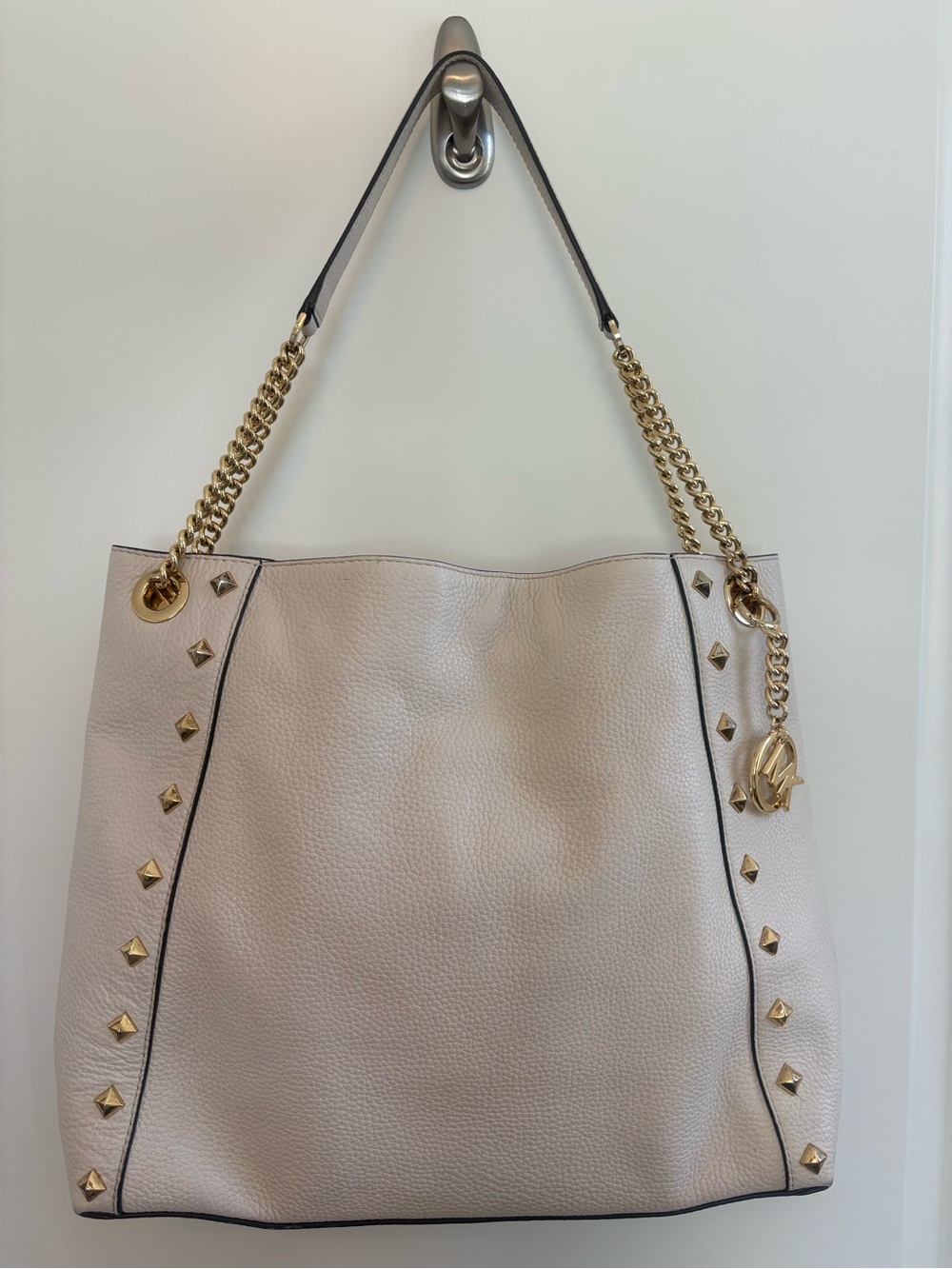 Michael Kors Cream Pebbled Leather Studded Chain-Handle Tote